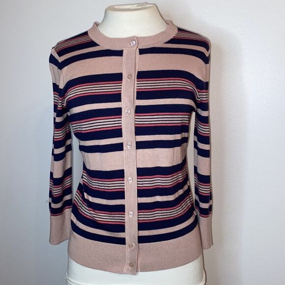 HALOGEN small Petite Pink Navy knit button cardigan Striped pattern 3/4 sleeves - Picture 2 of 7